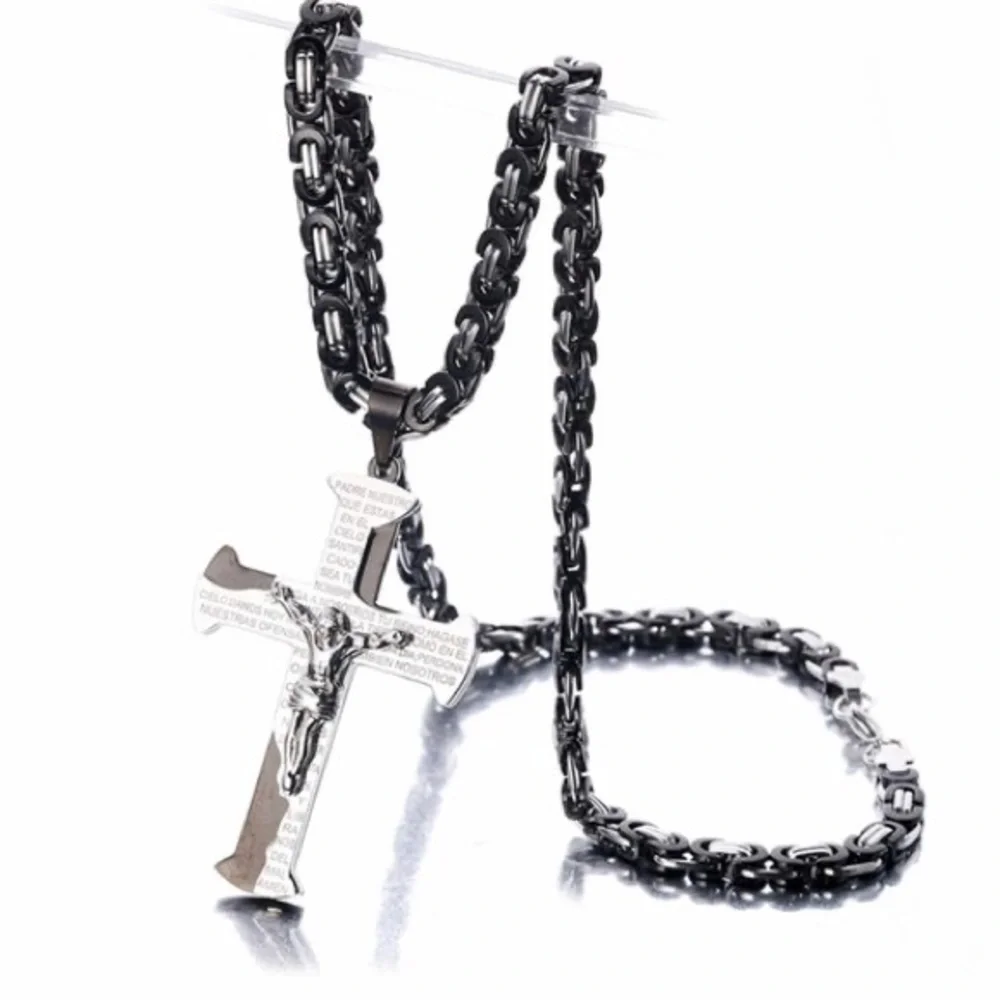 Jesus Crucifix Cross Necklace For Men Black and Silver Color Stainless Steel